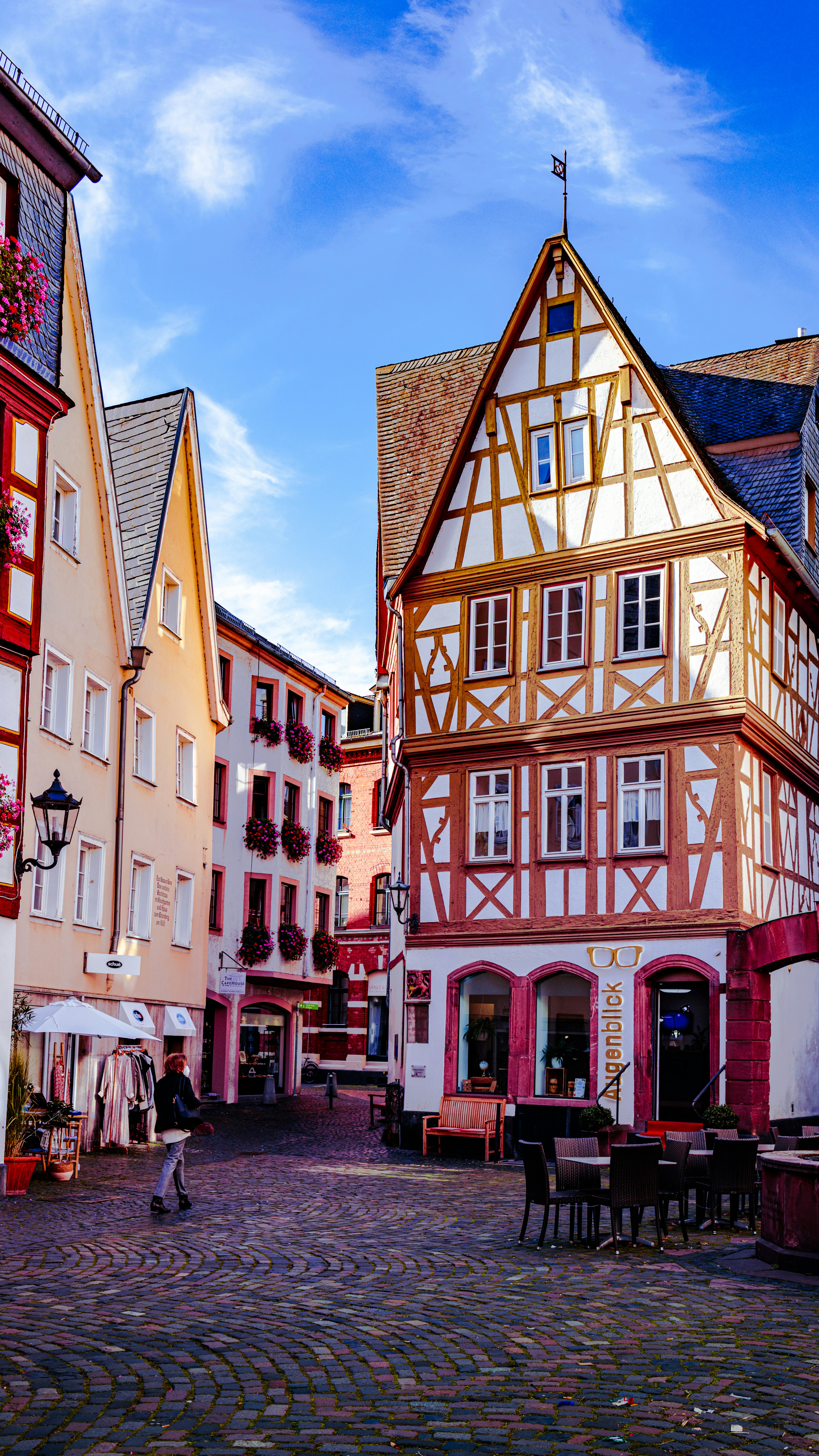 Charming European cobblestone street terrace
